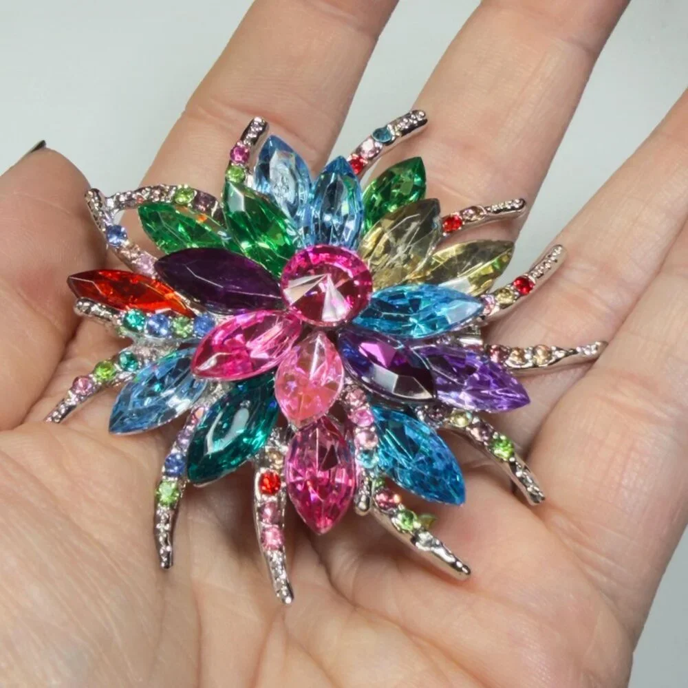 Flower Brooch Multicolor Rhinestone Statement Pin Large Crystal Floral 2.75”